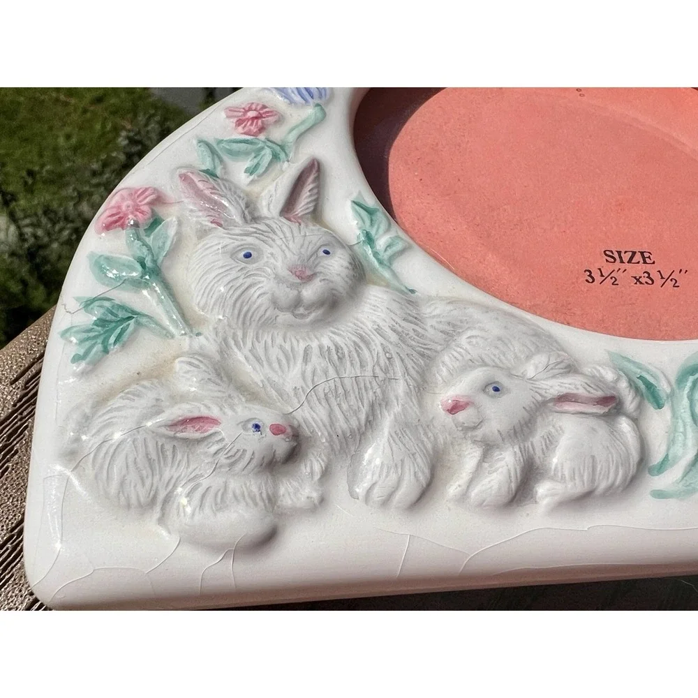 Vintage 1980's Ceramic Easter Bunnies Picture Frame 3D Family Cottagecore Baby